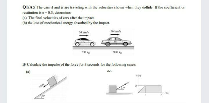 QI/A:/ The cars A and B are traveling with the velocities shown when they collide. If the coefficient or
restitution is e=0.3, determine:
(a) The final velocities of cars after the impact
(b) the loss of mechanical energy absorbed by the impact.
54 km/h
36 km/h
700 kg
900 kg
B/ Calculate the impulse of the force for 3 seconds for the following cases:
(a)
F(N)
15ON
20
(s)
