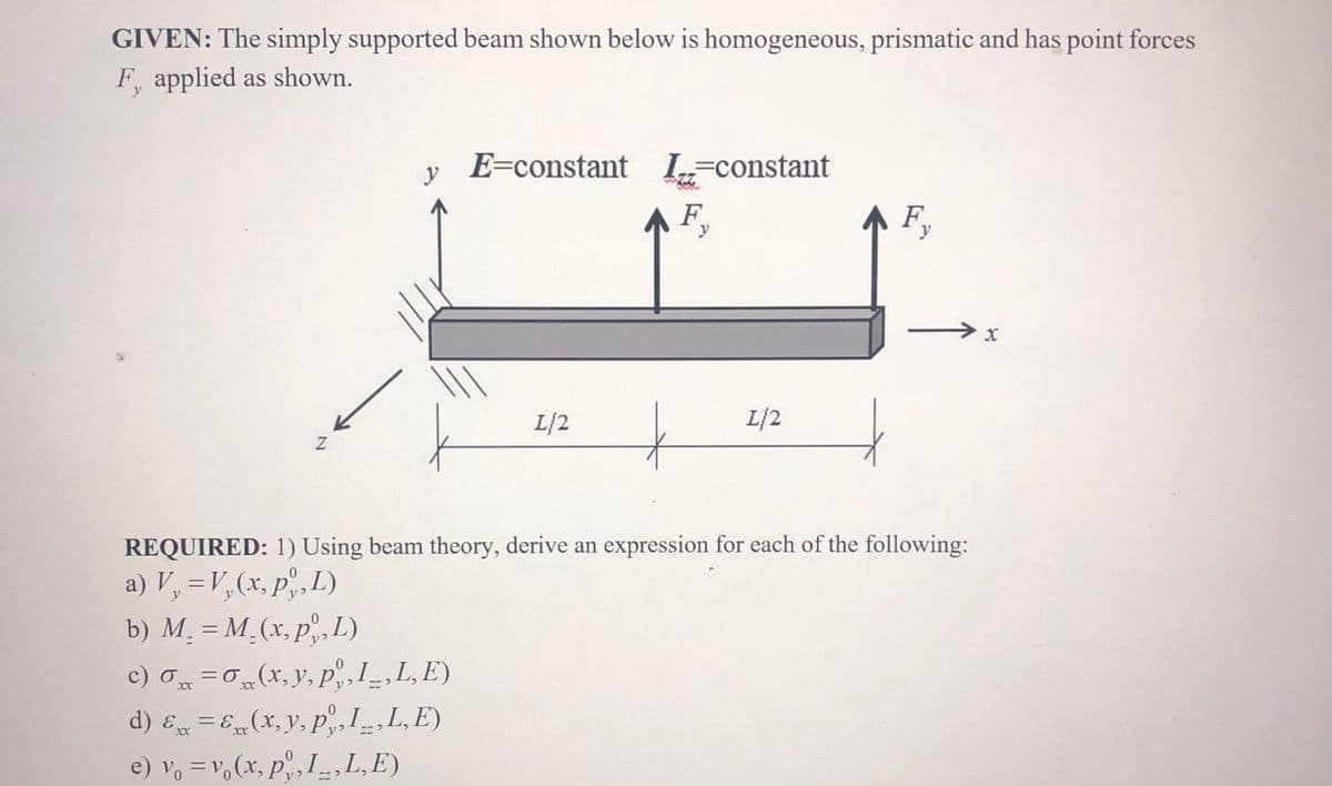 GIVEN: The simply supported beam shown below is homogeneous, prismatic and has point forces
F, applied as shown.
E=constant L=constant
F,
↑ F,
L{2
L{2
REQUIRED: 1) Using beam theory, derive an expression for each of the following:
a) V, =V,(x, p,L)
b) M. = M¸(x, p,L)
c) o =0-(x, y, p,I_,L,E)
d) E = E„(x,y, p,,I,L,E)
y
y
%3D
XX
e) v, =v,(x, p,I_,L,E)
Vo
