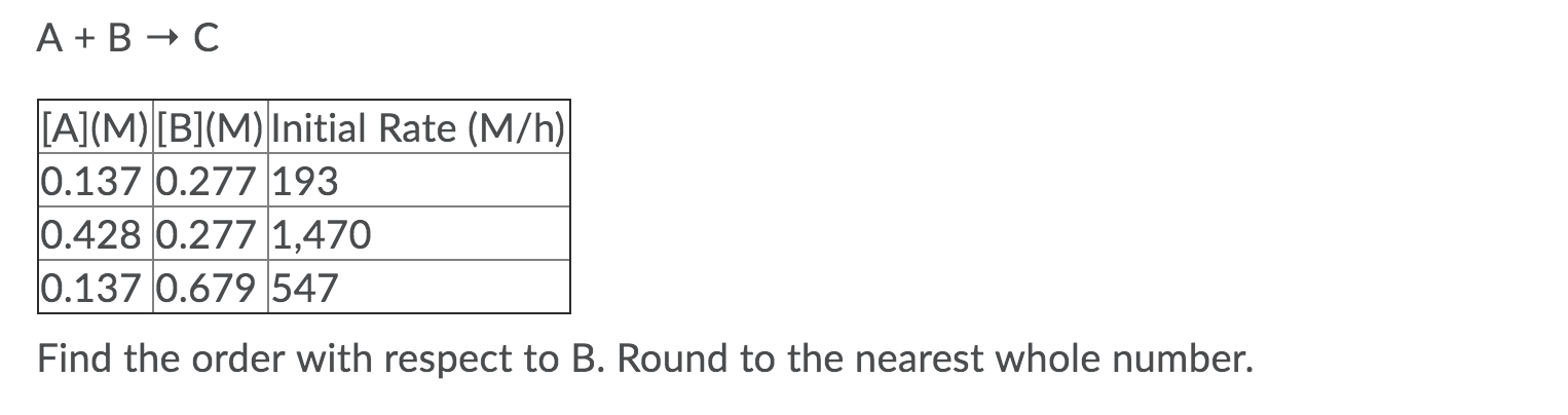 ### Chemical Kinetics: Determining Reaction Order

#### Reaction: \( \text{A} + \text{B} \rightarrow \text{C} \)

The following table summarizes the concentrations of reactants A and B, along with the initial rate of formation of product C:

| \([A] (\text{M})\) | \([B] (\text{M})\) | Initial Rate (\(\text{M/h}\)) |
|---------------|---------------|---------------------|
| 0.137         | 0.277         | 193                 |
| 0.428         | 0.277         | 1,470               |
| 0.137         | 0.679         | 547                 |

**Objective:** Determine the order of the reaction with respect to \( \text{B} \). Round to the nearest whole number.

### Explanation of the Data:

1. By comparing experiments 1 and 3, where \([A]\) is constant:
   - Experiment 1: \([A] = 0.137 \text{ M}\), \([B] = 0.277 \text{ M}\), Rate = 193 \(\text{ M/h}\)
   - Experiment 3: \([A] = 0.137 \text{ M}\), \([B] = 0.679 \text{ M}\), Rate = 547 \(\text{ M/h}\)

2. The ratio of \([B]\) in experiments 1 and 3 is:
   \[
   \frac{0.679}{0.277} \approx 2.45
   \]

3. The ratio of the rates in experiments 1 and 3 is:
   \[
   \frac{547}{193} \approx 2.83
   \]

4. The order of reaction with respect to \( \text{B} \) (denoted as \( n \)) is determined by the formula:
   \[
   \left(\frac{[\text{B}]_2}{[\text{B}]_1}\right)^n = \frac{\text{Rate}_2}{\text{Rate}_1}
   \]
   Substituting the values:
   \[
   (2.45)^n = 2.83
   \]

5. Solving for \( n \):
