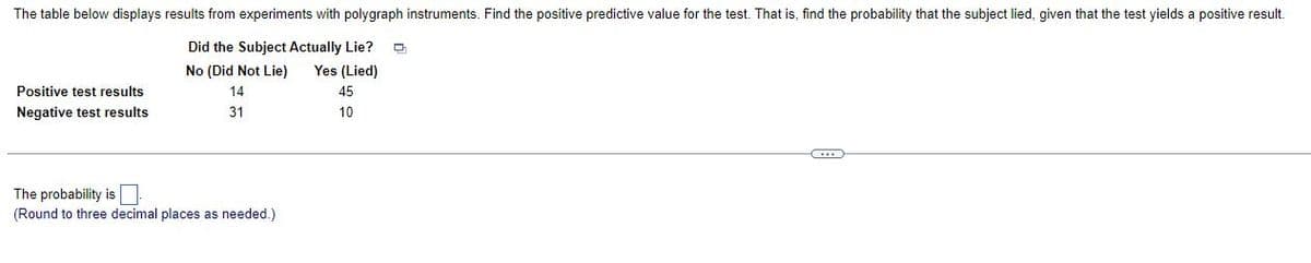 The table below displays results from experiments with polygraph instruments. Find the positive predictive value for the test. That is, find the probability that the subject lied, given that the test yields a positive result.
Did the Subject Actually Lie?
No (Did Not Lie)
Yes (Lied)
14
31
Positive test results
Negative test results
The probability is
(Round to three decimal places as needed.)
45
10