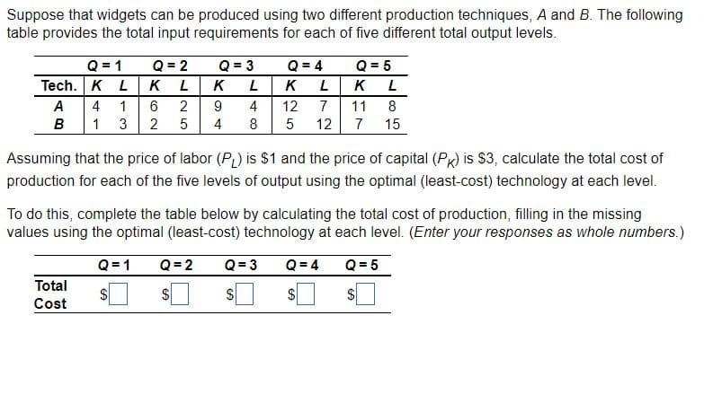 Suppose that widgets can be produced using two different production techniques, A and B. The following
table provides the total input requirements for each of five different total output levels.
Q = 1
Tech. K L
A
B
4
1
Q = 2
KL
Total
Cost
1
6 2
3 2 5
Q = 4
K L
4
12
7
11 8
8 5
12 7 15
Q = 3
K L
9
4
Q = 5
KL
Assuming that the price of labor (PL) is $1 and the price of capital (PK) is $3, calculate the total cost of
production for each of the five levels of output using the optimal (least-cost) technology at each level.
To do this, complete the table below by calculating the total cost of production, filling in the missing
values using the optimal (least-cost) technology at each level. (Enter your responses as whole numbers.)
Q=1 Q=2 Q=3 Q = 4 Q = 5
$
$
$
$
$