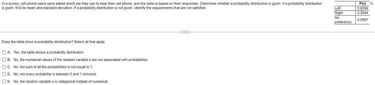 In a survey, cell phone users were asked which ear they use to hear their cell phone, and the table is based on their responses. Determine whether a probability distribution is given. If a probability distribution
is given, find its mean and standard deviation. If a probability distribution is not given, identify the requirements that are not satisfied.
Does the table show a probability distribution? Select all that apply.
A. Yes, the table shows a probability distribution.
B. No, the numerical values of the random variable x are not associated with probabilities.
C. No, the sum of all the probabilities is not equal to 1.
☐D. No, not every probability is between 0 and 1 inclusive.
E. No, the random variable x is categorical instead of numerical.
Left
Right
No
preference
P(x)
0.6359
0.3044
0.0597
D