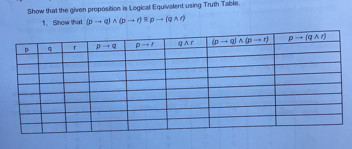 Show that the given proposition is Logical Equivalent using Truth Table.
1. Show that (p → q) ^ (p → r) = p→ (qAr)
(p q) ^ (p → r)
(1 v b) - d
