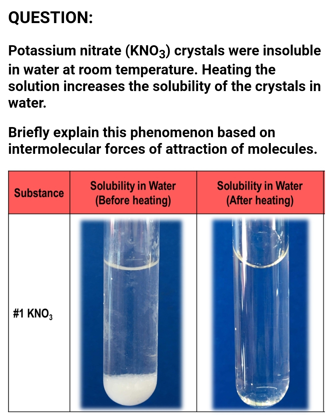 QUESTION:
Potassium nitrate (KNO3) crystals were insoluble
in water at room temperature. Heating the
solution increases the solubility of the crystals in
water.
Briefly explain this phenomenon based on
intermolecular forces of attraction of molecules.
Solubility in Water
(Before heating)
Solubility in Water
(After heating)
Substance
#1 KNO3
