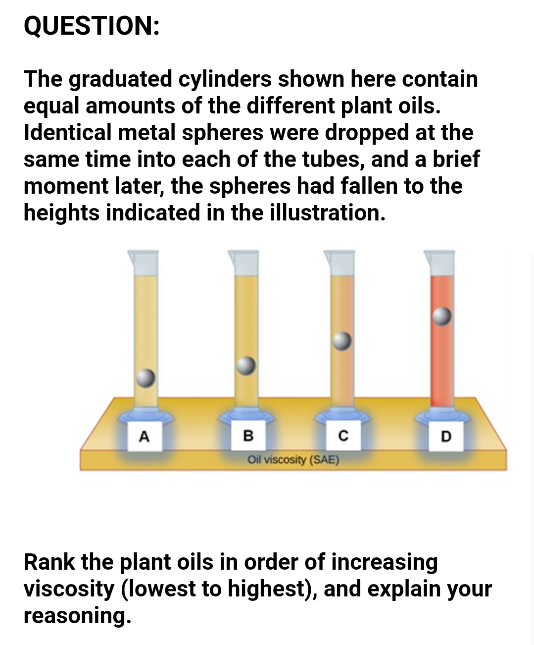 QUESTION:
The graduated cylinders shown here contain
equal amounts of the different plant oils.
Identical metal spheres were dropped at the
same time into each of the tubes, and a brief
moment later, the spheres had fallen to the
heights indicated in the illustration.
A
в
Oil viscosity (SAE)
Rank the plant oils in order of increasing
viscosity (lowest to highest), and explain your
reasoning.
