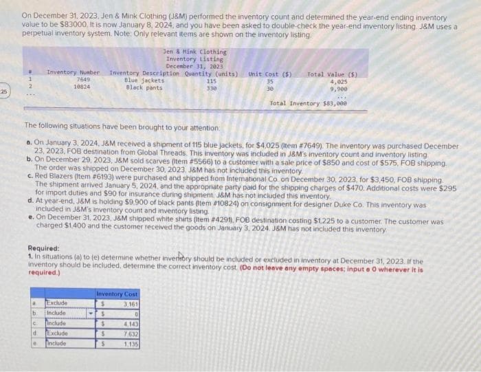 25
On December 31, 2023, Jen & Mink Clothing (J&M) performed the inventory count and determined the year-end ending inventory
value to be $83000. It is now January 8, 2024, and you have been asked to double-check the year-end inventory listing J&M uses a
perpetual inventory system. Note: Only relevant items are shown on the inventory listing.
#
1
2
Jen & Mink Clothing
Inventory Listing
December 31, 2023
Inventory Number Inventory Description Quantity (units)
7649
10824
Blue jackets
Black pants
a
b.
Exclude
Include
C Include
d Exclude
Include
The following situations have been brought to your attention:
a. On January 3, 2024, J&M received a shipment of 115 blue jackets, for $4,025 (Item #7649). The inventory was purchased December
23, 2023, FOB destination from Global Threads. This inventory was included in J&M's inventory count and inventory listing.
0
b. On December 29, 2023, J&M sold scarves (item #5566) to a customer with a sale price of $850 and cost of $575, FOB shipping.
The order was shipped on December 30, 2023. J&M has not included this inventory.
115
330
c. Red Blazers (Item #6193) were purchased and shipped from International Co. on December 30, 2023, for $3,450, FOB shipping.
The shipment arrived January 5, 2024, and the appropriate party paid for the shipping charges of $470. Additional costs were $295
for import duties and $90 for insurance during shipment. J&M has not included this inventory.
d. At year-end, J&M is holding $9.900 of black pants (Item #10824) on consignment for designer Duke Co. This inventory was
included in J&M's inventory count and inventory listing.
e. On December 31, 2023, J&M shipped white shirts (Item #4291), FOB destination costing $1,225 to a customer. The customer was
charged $1.400 and the customer received the goods on January 3, 2024. J&M has not included this inventory.
Unit Cost (5)
35
30
Required:
1. In situations (a) to (e) determine whether invertory should be included or excluded in inventory at December 31, 2023. If the
inventory should be included, determine the correct inventory cost. (Do not leave any empty spaces; input o O wherever it is
required.)
Total Value (5)
4,025
9,900
Total Inventory $83,000
Inventory Cost
$
3,161
$
$
$
$
0
4,143
7,632
1.135