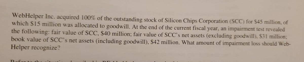 WebHelper Inc. acquired 100% of the outstanding stock of Silicon Chips Corporation (SCC) for $45 million, of
which $15 million was allocated to goodwill. At the end of the current fiscal year, an impairment test revealed
the following: fair value of SCC, $40 million; fair value of SCC's net assets (excluding goodwill), $31 million;
book value of SCC's net assets (including goodwill), $42 million. What amount of impairment loss should Web-
Helper recognize?
Rofon to