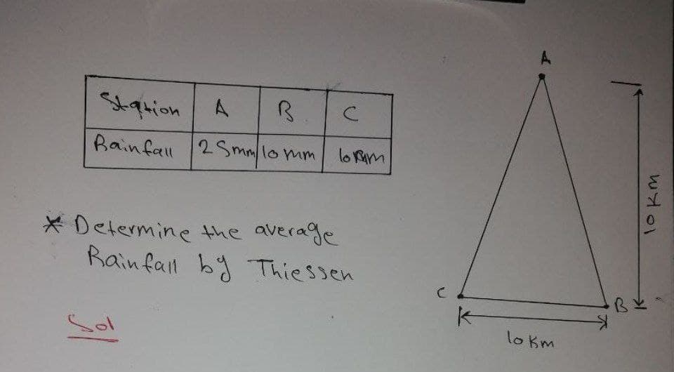 Station A
B
Rainfall 25mm/10 mm
с
lorum
*Determine the average
Rainfall by Thiessen
C
A
lo km
B
10 km