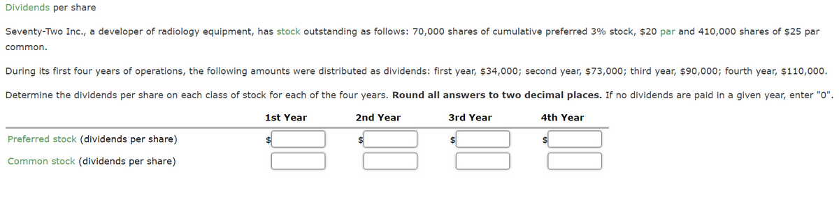 Dividends per share
Seventy-Two Inc., a developer of radiology equipment, has stock outstanding as follows: 70,000 shares of cumulative preferred 3% stock, $20 par and 410,000 shares of $25 par
common.
During its first four years of operations, the following amounts were distributed as dividends: first year, $34,000; second year, $73,000; third year, $90,000; fourth year, $110,000.
Determine the dividends per share on each class of stock for each of the four years. Round all answers to two decimal places. If no dividends are paid in a given year, enter "0".
Preferred stock (dividends per share)
Common stock (dividends per share)
1st Year
$
2nd Year
$
3rd Year
$
4th Year
$