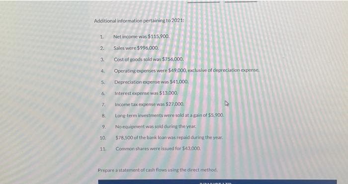 Additional information pertaining to 2021:
1.
2.
3.
4.
5.
6.
7.
8.
9.
10.
11.
Net income was $115,900.
Sales were $996,000.
Cost of goods sold was $756,000.
Operating expenses were $49,000, exclusive of depreciation expense.
Depreciation expense was $41,000.
Interest expense was $13,000.
Income tax expense was $27,000.
Long-term investments were sold at a gain of $5,900.
No equipment was sold during the year.
$78,500 of the bank loan was repaid during the year.
Common shares were issued for $43,000,
Prepare a statement of cash flows using the direct method.
Bi
A