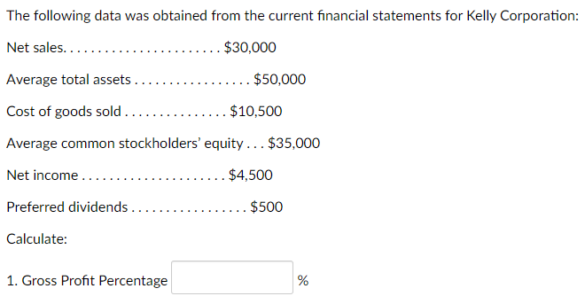 The following data was obtained from the current financial statements for Kelly Corporation:
Net sales.....
$30,000
Average total assets..
Cost of goods sold.....
Average common stockholders'
Net income....
Preferred dividends..
Calculate:
1. Gross Profit Percentage
$50,000
$10,500
equity... $35,000
. $4,500
$500
%