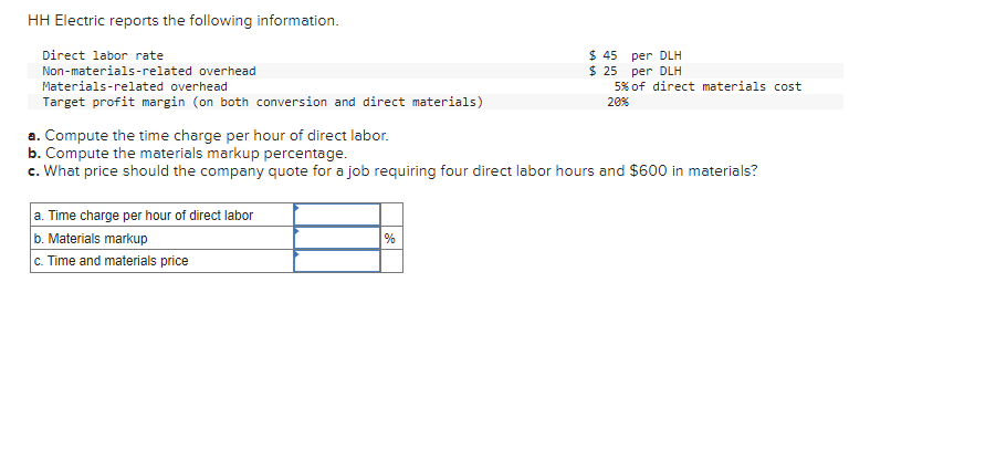 HH Electric reports the following information.
Direct labor rate
Non-materials-related overhead
Materials-related overhead
Target profit margin (on both conversion and direct materials)
a. Compute the time charge per hour of direct labor.
b. Compute the materials markup percentage.
c. What price should the company quote for a job requiring four direct labor hours and $600 in materials?
a. Time charge per hour of direct labor
b. Materials markup
c. Time and materials price
$ 45 per DLH
$ 25 per DLH
5% of direct materials cost
20%
%