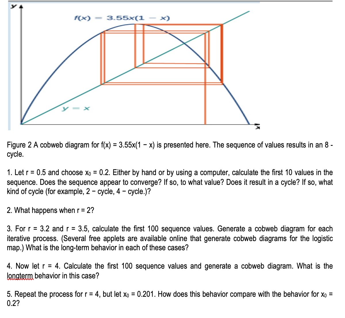 f(x)
3.55x(1
x)
Figure 2 A cobweb diagram for f(x) = 3.55x(1 – x) is presented here. The sequence of values results in an 8 -
cycle.
1. Let r = 0.5 and choose xo = 0.2. Either by hand or by using a computer, calculate the first 10 values in the
sequence. Does the sequence appear to converge? If so, to what value? Does it result in a cycle? If so, what
kind of cycle (for example, 2 - cycle, 4 -
- cycle.)?
2. What happens when r = 2?
3. For r = 3.2 and r =
3.5, calculate the first 100 sequence values. Generate a cobweb diagram for each
iterative process. (Several free applets are available online that generate cobweb diagrams for the logistic
map.) What is the long-term behavior in each of these cases?
4. Now let r = 4. Calculate the first 100 sequence values and generate a cobweb diagram. What is the
longterm behavior in this case?
5. Repeat the process for r = 4, but let xo = 0.201. How does this behavior compare with the behavior for xo =
0.2?
