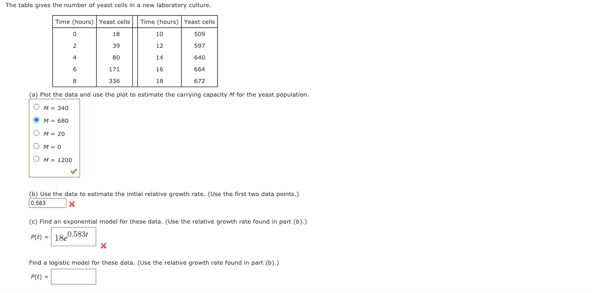 The table gives the number of yeast cells in a new laboratory culture.
Time (hours) Yeast cells
Time (hours) Yeast cells
18
10
509
39
12
597
4
80
14
640
6
171
16
664
8
336
18
672
(a) Plot the data and use the plot to estimate the carrying capacity M for the yeast population.
O M = 340
O M = 680
O M = 20
M = 0
M = 1200
(b) Use the data to estimate the initial relative growth rate. (Use the first two data points.)
0.583
(c) Find an exponential model for these data. (Use the relative growth rate found in part (b).)
P(t) = 18e0.583t
Find a logistic model for these data. (Use the relative growth rate found in part (b).)
P(t) =
