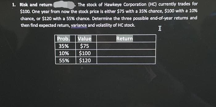 1. Risk and return
The stock of Hawkeye Corporation (HC) currently trades for
$100. One year from now the stock price is either $75 with a 35% chance, $100 with a 10%
chance, or $120 with a 55% chance. Determine the three possible end-of-year returns and
then find expected return, variance and volatility of HC stock.
Prob.
35%
10%
55%
Value
$75
$100
$120
Return
tot
I