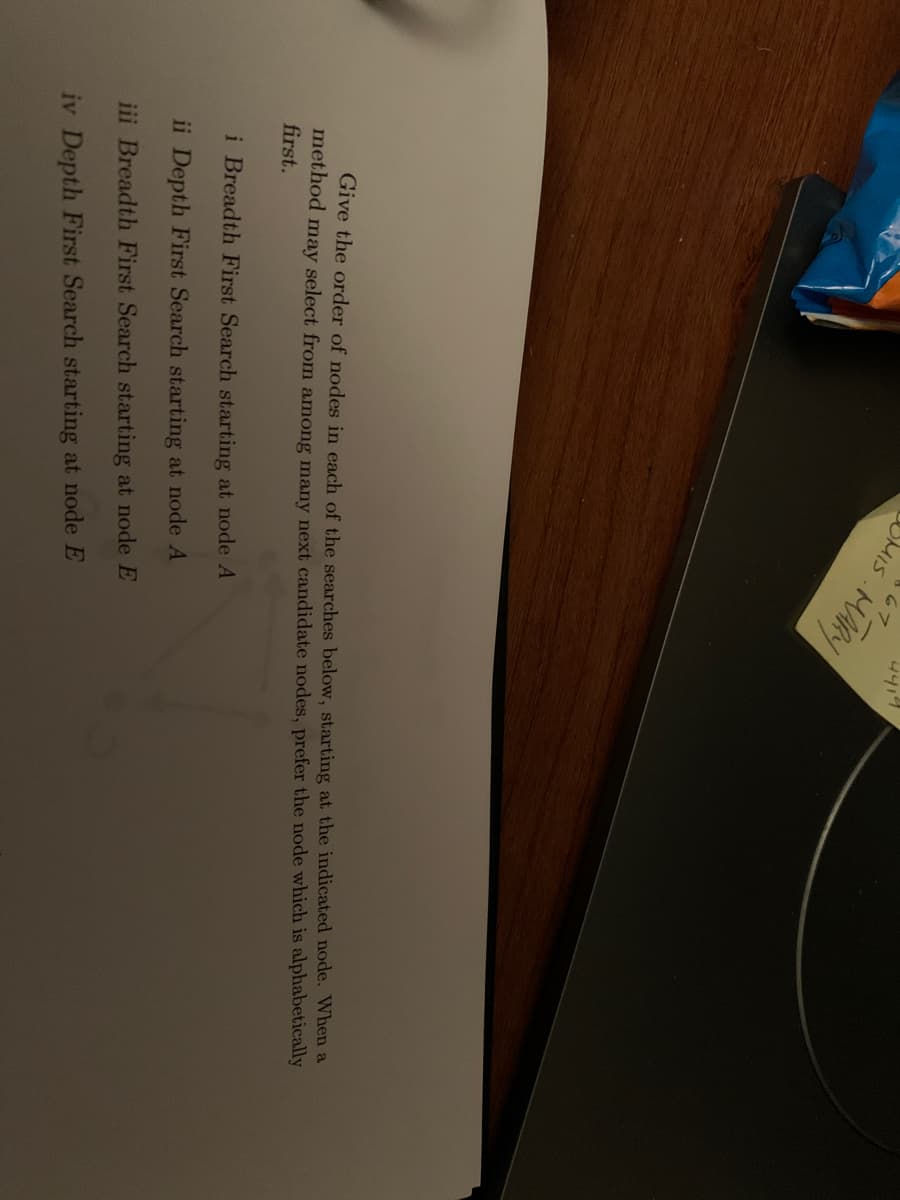 4414
SMIS.MARY
67
MIS
method may select from among many next candidate nodes, prefer the node which is alphabetically
first.
Give the order of nodes in each of the searches below, starting at the indicated node. When a
i Breadth First Search starting at node A
ii Depth First Search starting at node A
iii Breadth First Search starting at node E
iv Depth First Search starting at node E
