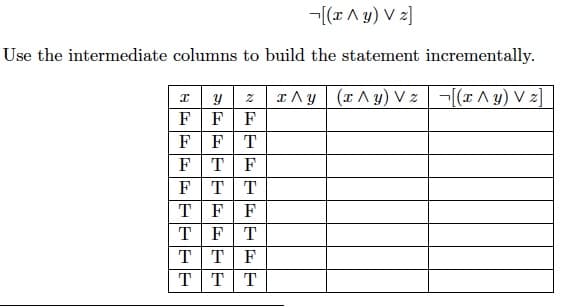 x Ay (xAy) V z -(x A y) V z]
FF F
F FT
FTF
FTT
TF F
TFT
TT F
TTT
