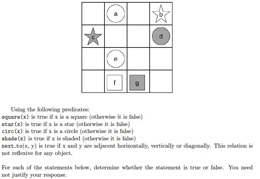 a
e
g
Using the following predicates:
square (x) is true if x is a square (otherwise it is false)
star (x) is true if x is a star (otherwise it is false)
circ(x) is true if x is a circle (otherwise it is false)
shade (x) is true if x is shaded (otherwise it is false)
next to(x, y) is true if x and y are adjacent horizontally, vertically or diagonally. This relation is
not reflexive for any object.
For each of the statements below, determine whether the statement is true or false. You need
not justify your response.
