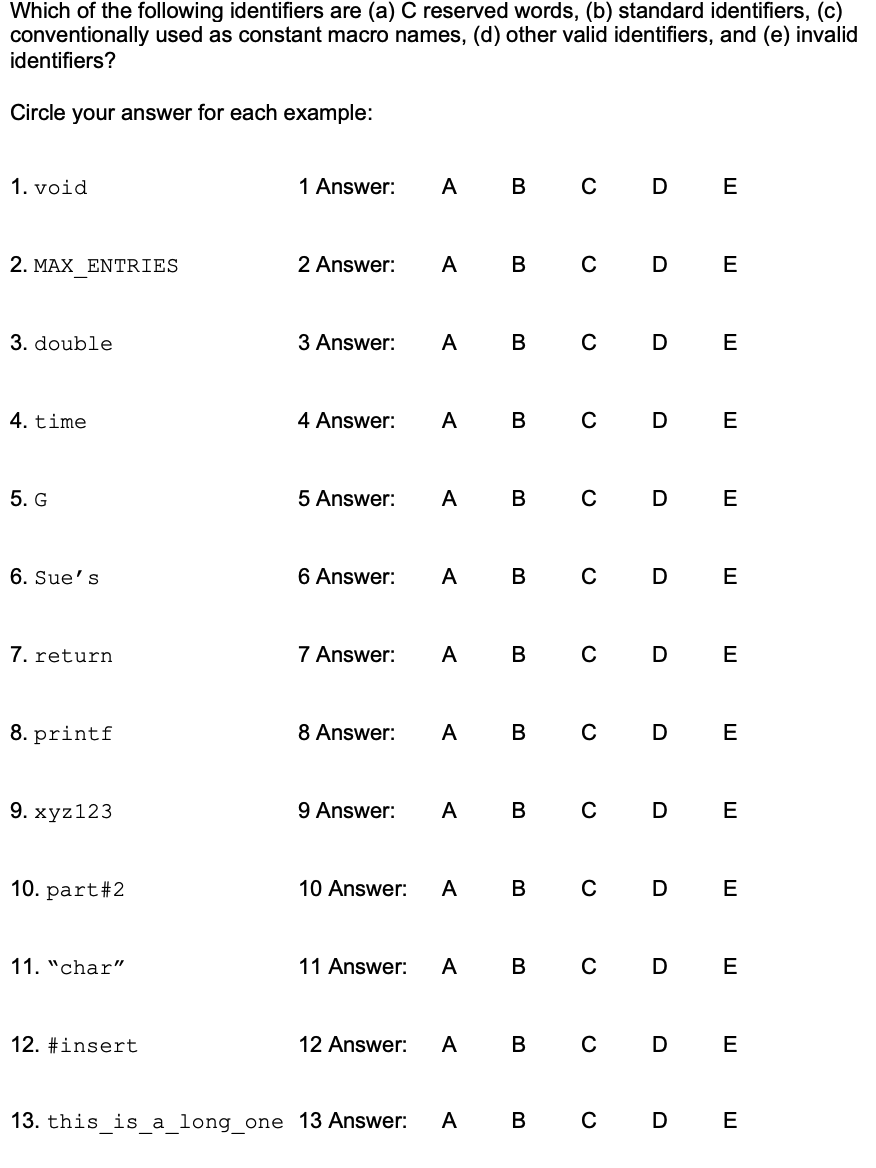 Which of the following identifiers are (a) C reserved words, (b) standard identifiers, (c)
conventionally used as constant macro names, (d) other valid identifiers, and (e) invalid
identifiers?
Circle your answer for each example:
1. void
1 Answer:
A
B C D E
2. ΜAX ΕNTRIES
2 Answer:
A
В
D
E
3. double
3 Answer:
A
В
D
E
4. time
4 Answer:
A
В
D
5. G
5 Answer:
A
В
с
D
E
6. Sue's
6 Answer:
A
В
D
E
7. return
7 Answer:
A
D
E
8. printf
8 Answer:
A
B
D E
9. хуz123
9 Answer:
A
D E
10. part#2
10 Answer:
A
В
C D E
11. "char"
11 Answer:
A
D E
12. #insert
12 Answer:
A
В
D E
13. this is a long one 13 Answer:
A
D
E
B.
