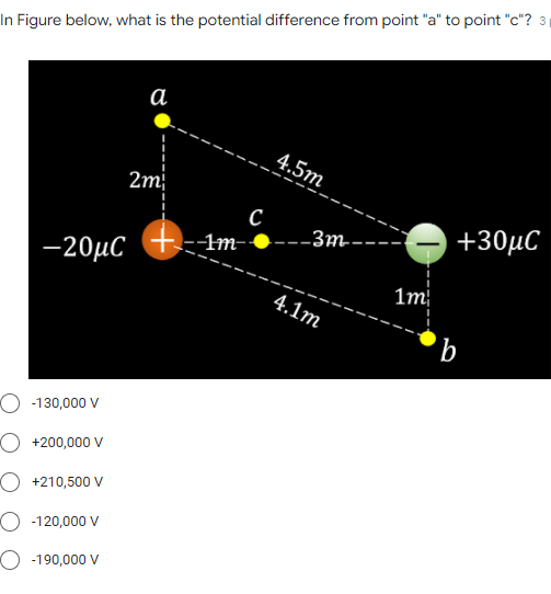 In Figure below, what is the potential difference from point "a" to point "c"? 3
а
4.5m
2m
-Зт-
+30μC
+- Im-
-20μC
1т
4.1m
'b
O -130,000 V
O +200,000 V
O +210,500 V
O -120,000 V
O -190,000 V
