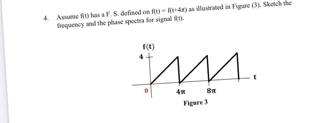 Assume f(t) has a F. S. defined on f(t) = f(t+47) as illustrated in Figure (3). Sketch the
frequency and the phase spectra for signal f(t).
4.
f(t)
4
M.
8t
Figure 3
