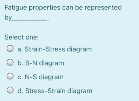 Fatigue properties can be represented
by
Select one:
O a. Strain-Stress diagram
O b. S-N diagram
c. N-S diagram
d. Stress-Strain diagram
