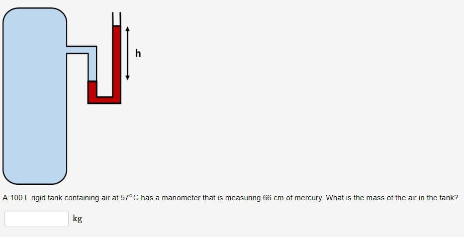 h
A 100 L rigid tank containing air at 57°C has a manometer that is measuring 66 cm of mercury. What is the mass of the air in the tank?
kg