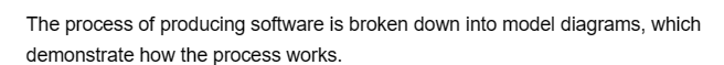 The process of producing software is broken down into model diagrams, which
demonstrate
how the process works.