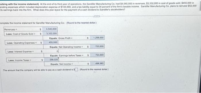 orking with the income statement) At the end of its third year of operations, the Sandifer Manufacturing Co. had $4,540,000 in revenues, $3,332,000 in cost of goods sold, $455,000 in
erating expenses which included depreciation expense of $144,000, and a tax liability equal to 34 percent of the firm's taxable income. Sandifer Manufacturing Co. plans to reinvest $52.000
its earnings back into the firm, What does this plan leave for the payment of a cash dividend to Sandifer's stockholders?
Complete the income statement for Sandifer Manufacturing Co.: (Round to the nearest dollar)
4,540,000
3,332,000
Revenues
Less: Cost of Goods Sold
Less: Operating Expenses-
Less: Interest Expense
$
Less: Income Taxes
$
$
$
Equals: Gross Profit
455,000
Equals: Net Operating income-
이
$
$
$
$
1,208,000
753,000
Equals: Earings before Taxes
256,020
Equals: Net Income
5
496,080
The amount that the company will be able to pay as a cash dividend is 5 (Round to the nearest dollar)
753,000