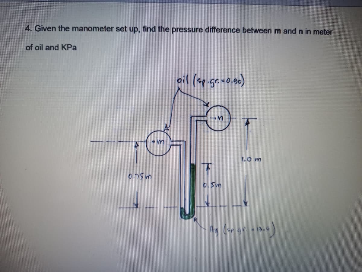 4. Given the manometer set up, find the pressure difference between m and n in meter
of oil and KPa
oil (ap. gr=o.om)
t.om
075m
-13.4
