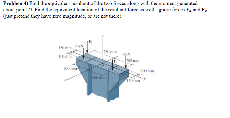 Problem 4) Find the equivalent resultant of the two forces along with the moment generated
about point O. Find the equivalent location of the resultant force as well. Ignore forces F4 and F3
(just pretend they have zero magnitude, or are not there).
150 mm.
6 kN
750 mm
SKN
700 mm
100 mm
650 mm
100 mm
600 mm
150 mm
