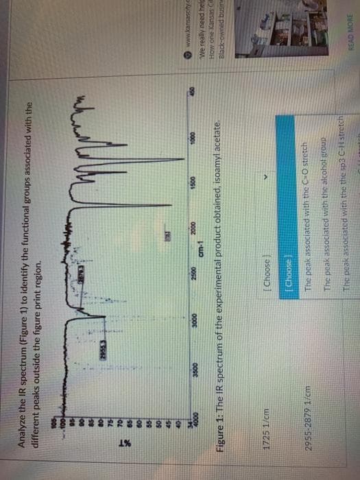 1%
Analyze the IR spectrum (Figure 1) to identify the functional groups associated with the
different peaks outside the figure print region.
S6
06
58
09
09
45
40
www.kansascityC
00s
cm-1
000
0000
00s
000
We really need help
How one Kansas Ci
Black-owned busine
Figure 1: The IR spectrum of the experimental product obtained, isoamyl acetate.
1725 1/cm
2955-2879 1/cm
The peak associated with the C-O stretch
The peak associated with the alcohol group
The peak associated with the the sp3 C-H stretch
READ MORE
