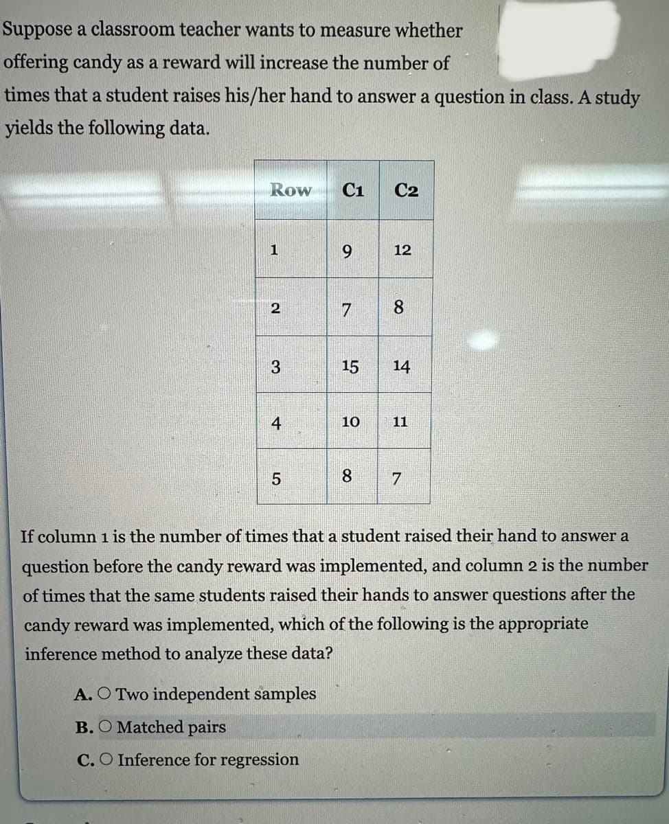 Suppose a classroom teacher wants to measure whether
offering candy as a reward will increase the number of
times that a student raises his/her hand to answer a question in class. A study
yields the following data.
Row C1 C2
1
2
3
4
5
9
A. O Two independent samples
B. O Matched pairs
C. O Inference for regression
7
12
10
8
15 14
11
8 7
If column 1 is the number of times that a student raised their hand to answer a
question before the candy reward was implemented, and column 2 is the number
of times that the same students raised their hands to answer questions after the
candy reward was implemented, which of the following is the appropriate
inference method to analyze these data?