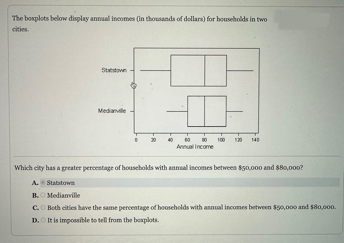 The boxplots below display annual incomes (in thousands of dollars) for households in two
cities.
Statstown
Medianville
€
0
20
40
T
T
60 80
Annual Income
T
100 120 140
Which city has a greater percentage of households with annual incomes between $50,000 and $80,000?
A. Statstown
B. Medianville
C. Both cities have the same percentage of households with annual incomes between $50,000 and $80,000.
D. It is impossible to tell from the boxplots.