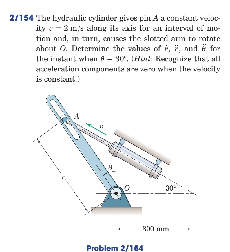 2/154 The hydraulic cylinder gives pin A a constant veloc-
ity v = 2 m/s along its axis for an interval of mo-
tion and, in turn, causes the slotted arm to rotate
about O. Determine the values of r, r, and ô for
30°. (Hint: Recognize that all
acceleration components are zero when the velocity
the instant when 0 =
is constant.)
A
30°
300 mm
Problem 2/154
