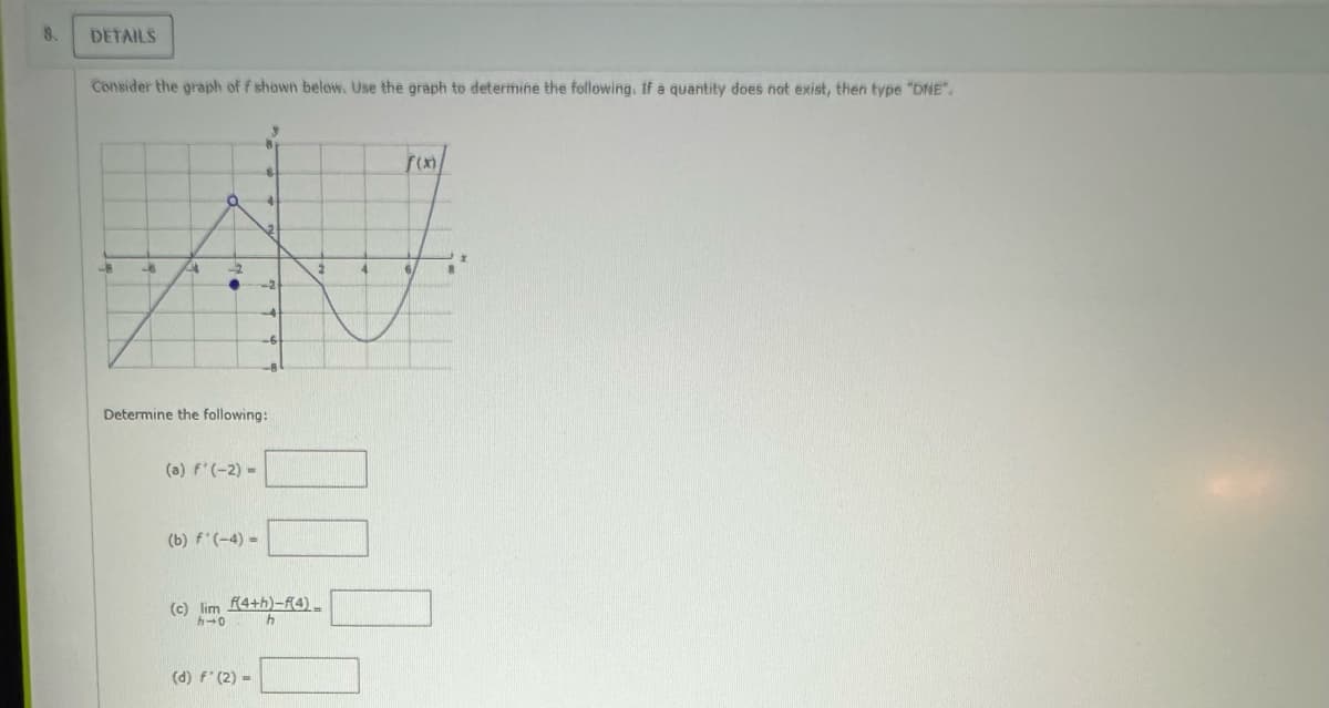 8. DETAILS
Consider the graph of f shown below. Use the graph to determine the following. If a quantity does not exist, then type "DNE".
12
AJ
2
-2
-6
Determine the following:
(a) F'(-2) =
(b) f(-4) -
(c) lim f4+h)-f(4)
h-0
h
f(x)
(d) f'(2)=
8