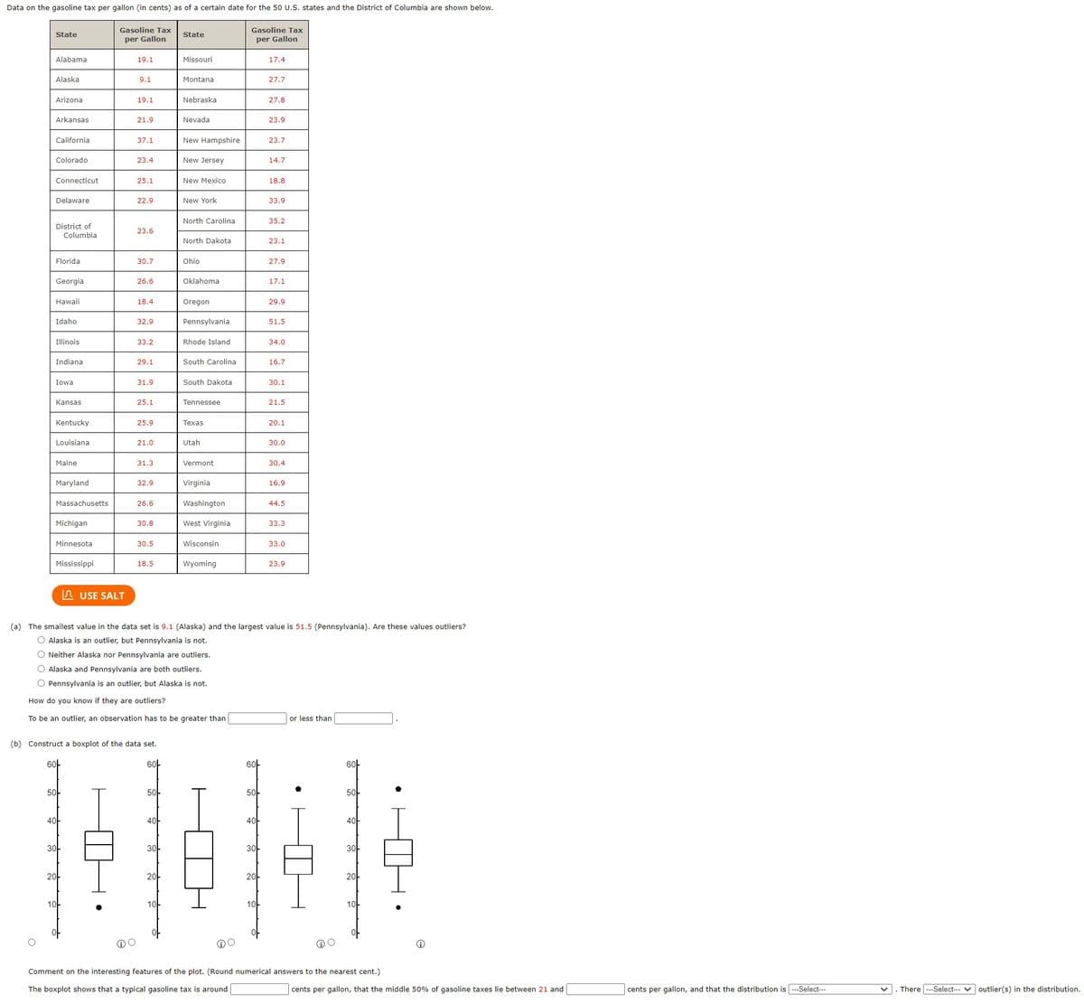 Data on the gasoline tax per gallon (in cents) as of a certain date for the 50 U.S. states and the District of Columbia are shown below.
Gasoline Tax
per Gallon
Gasoline Tax
per Gallon
State
Alabama
Alaska
Arizona
Arkansas
California
Colorado
Connecticut
Delaware
District of
Columbia
Florida
Georgia
Hawaii
Idaho
Illinois
Indiana
Iowa
Kansas
Kentucky
Louisiana
Maine
Maryland
Massachusetts
Michigan
Minnesota
Mississippi
50
40
30
USE SALT
20
19.1
10-
9.1
19.1
21.9
37.1
23.4
25.1
22.9
23.6
30.7
26.6
18.4
32.9
33.2
29.1
31.9
25.1
25.9
21.0
31.3
32.9
26.6
(b) Construct a boxplot of the data set.
60
30.8
30.5
18.5
60
50
40
State
30
Missouri
Montana
Nebraska
Nevada
New Hampshire
New Jersey
New Mexico
New York
North Carolina
North Dakota
Ohio
Oklahoma
Oregon
Pennsylvania
Rhode Island
South Carolina
South Dakota
Tennessee
Texas
Utah
Vermont
irginia
Washington
West Virginia
Wisconsin
Wyoming
60
50
40
30
20
17.4
10
27.7
27.8
23.9
23.7
14.7
18.8
33.9
35.2
23.1
27.9
(a) The smallest value in the data set is 9.1 (Alaska) and the largest value is 51.5 (Pennsylvania). Are these values outliers?
O Alaska is an outlier, but Pennsylvania is not.
O Neither Alaska nor Pennsylvania are outliers.
O Alaska and Pennsylvania are both outliers.
O Pennsylvania is an outlier, but Alaska is not.
How do you know if they are outliers?
To be an outlier, an observation has to be greater than
17.1
29.9
51.5
34.0
16.7
30.1
21.5
20.1
30.0
30.4
16.9
44.5
33.3
33.0
23.9
or less than
60L
50
40
30
Comment on the interesting features of the plot. (Round numerical answers to the nearest cent.)
The boxplot shows that a typical gasoline tax is around
cents per gallon, that the middle 50% of gasoline taxes lie between 21 and
cents per gallon, and that the distribution is ---Select---
V
. There ---Select--- outlier(s) in the distribution.