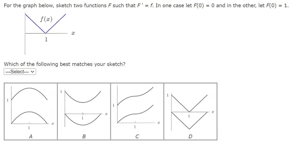 For the graph below, sketch two functions F such that F¹ = f. In one case let F(0) = 0 and in the other, let F(0) = 1.
f(x)
1
1
Which of the following best matches your sketch?
---Select--- ✓
A
X
B
C
D
I