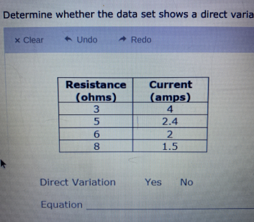 Determine whether the data set shows a direct varia
x Clear
> Undo
A Redo
Resistance
Current
(ohms)
3
(amps)
4
2.4
6.
8.
1.5
Direct Variation
Yes
No
Equation
