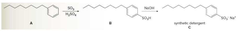 NaOH
so3
H,SO,
`SO3H
so,- Na*
synthetic detergent
A
B
