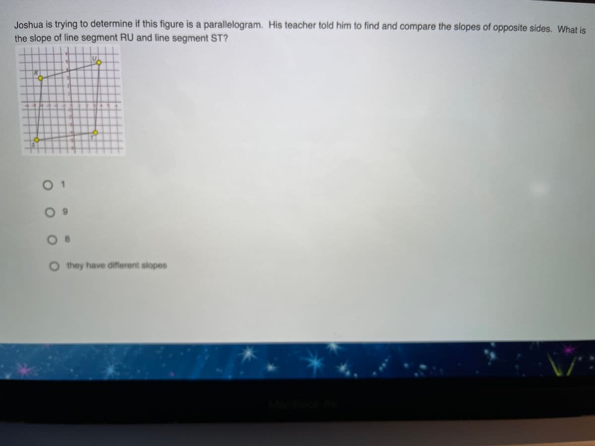 Joshua is trying to determine if this figure is a parallelogram. His teacher told him to find and compare the slopes of opposite sides. What is
the slope of line segment RU and line segment ST?
R
0 1
they have different slopes
