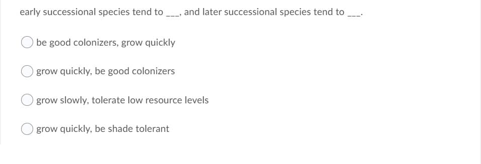 early successional species tend to, and later successional species tend to
be good colonizers, grow quickly
grow quickly, be good colonizers
grow slowly, tolerate low resource levels
grow quickly, be shade tolerant
