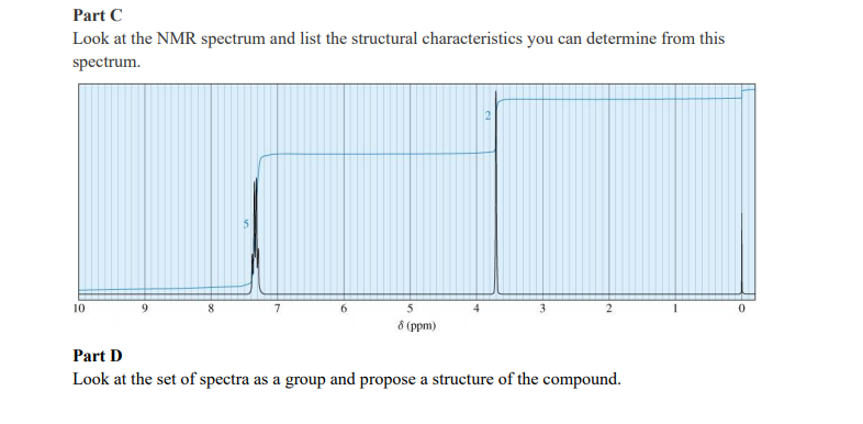 Part C
Look at the NMR spectrum and list the structural characteristics you can determine from this
spectrum.
10
5
8 (ppm)
Part D
Look at the set of spectra as a group and propose a structure of the compound.
