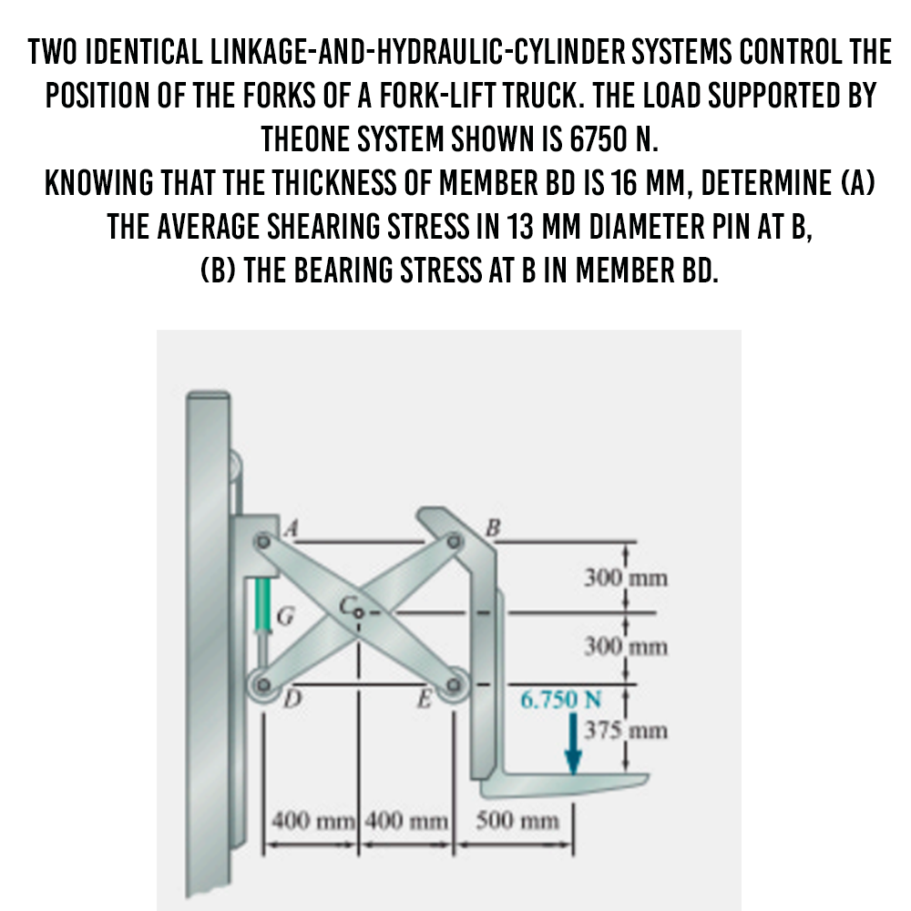 TWO IDENTICAL LINKAGE-AND-HYDRAULIC-CYLINDER SYSTEMS CONTROL THE
POSITION OF THE FORKS OF A FORK-LIFT TRUCK. THE LOAD SUPPORTED BY
THEONE SYSTEM SHOWN IS 6750 N.
KNOWING THAT THE THICKNESS OF MEMBER BD IS 16 MM, DETERMINE (A)
THE AVERAGE SHEARING STRESS IN 13 MM DIAMETER PIN AT B,
(B) THE BEARING STRESS AT B IN MEMBER BD.
300 mm
300 mm
6.750 N
375 mm
400 mm 400 mm 500 mm
