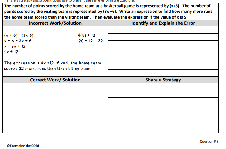 The number of points scored by the home team at a basketball game is represented by (x+6). The number of
points scored by the visiting team is represented by (3x -6). Write an expression to find how many more runs
the home team scored than the visiting team. Then evaluate the expression if the value of x is 5.
Incorrect Work/Solution
Identify and Explain the Error
|(x + 6) - (3x-6)
x + 6 + 3x + 6
x + 3x + 12
4x + 12
4(5) + 12
20 + 12 = 32
The expression is 4x +12. If x=6, the home team
scored 32 more runs than the visiting team.
Correct Work/ Solution
Share a Strategy
Question # 8
©Exceeding the CORE
