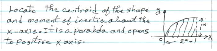 Locate the centroid of the shape gA
and moment of inertiaahout the
x-axis.Ifisa parabola and opens AU
to positive xaxis.
