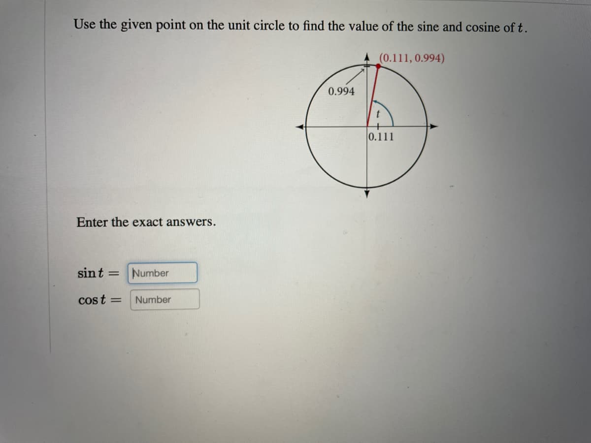 Use the given point on the unit circle to find the value of the sine and cosine of t.
A (0.111, 0.994)
0.994
0.111
Enter the exact answers.
sint =
Number
Cost =
Number
