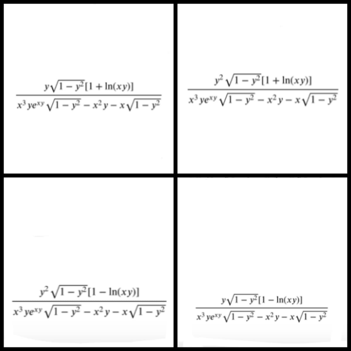 y² VT
– y²[1+ In(xy)]
yVI - y²[1+ In(xy)]
x³ ye*Y /T– y² – x²y – x/T- y²
x³ yeY /T – y² – x²y – x/T- y²
y²VT - y°[1 – In(xy)]
x³ ye" /T- y² – x²y – x/I- y²
yVI- y°[1 – In(xy)]
x³ ye* /T– y² – x²y – xI -)
