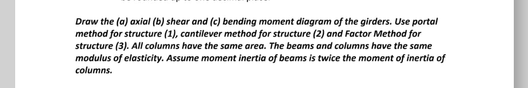 Draw the (a) axial (b) shear and (c) bending moment diagram of the girders. Use portal
method for structure (1), cantilever method for structure (2) and Factor Method for
structure (3). All columns have the same area. The beams and columns have the same
modulus of elasticity. Assume moment inertia of beams is twice the moment of inertia of
columns.
