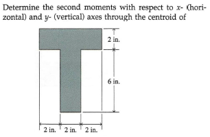 Determine the second moments with respect to x- (hori-
zontal) and y- (vertical) axes through the centroid of
2 in.
6 in.
2 in. ' 2 in.' 2 in.
